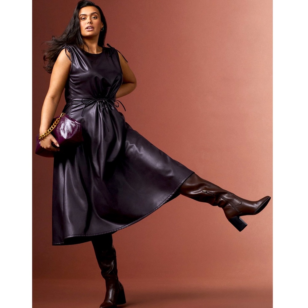 Scoop Women's Faux Leather Midi Dress with Cinched Waist